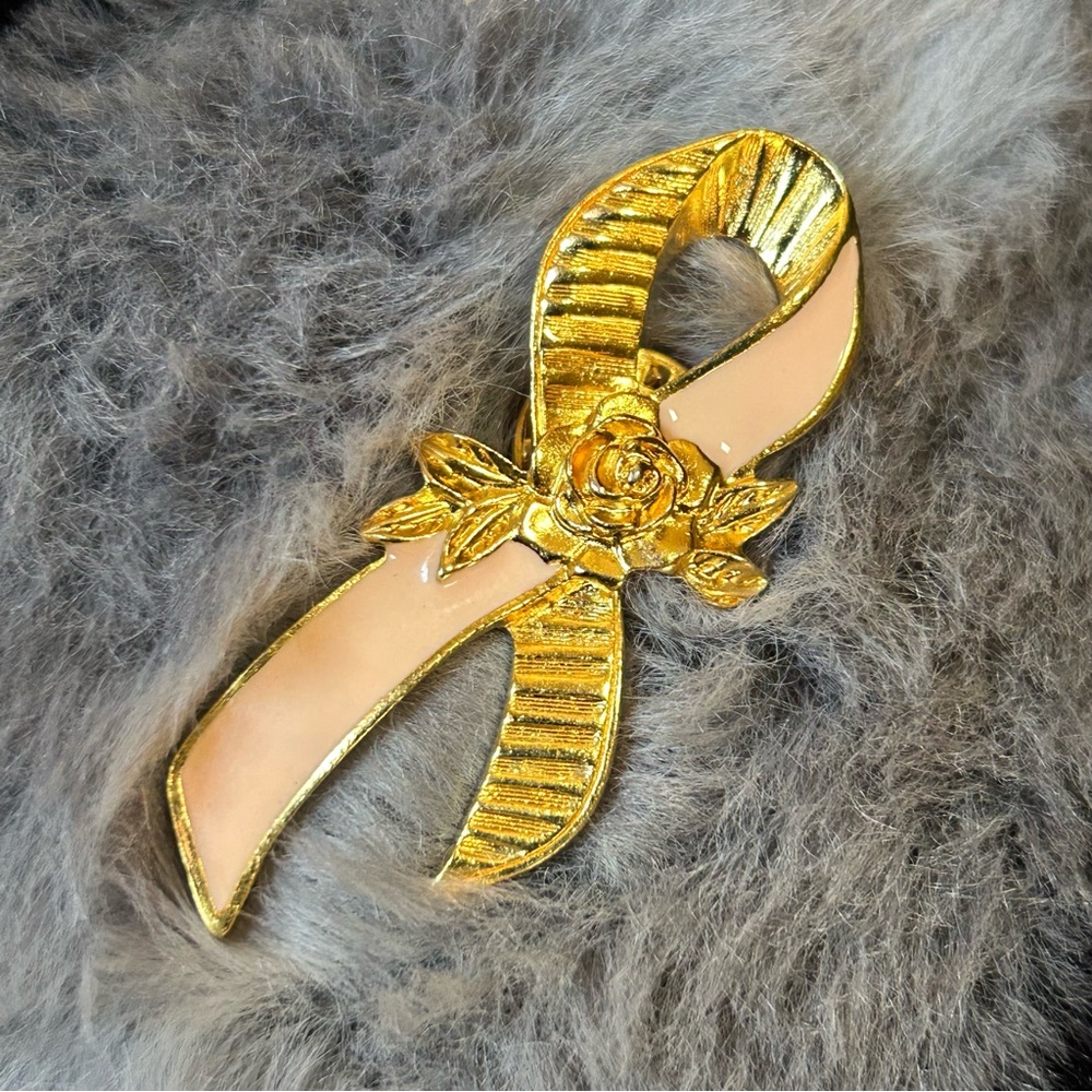 Vintage 90s Avon better breast care breast cancer awareness gold rose enamel pin